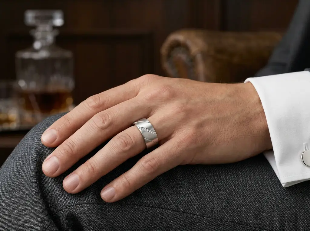 Seven Stone Round Diamond Men'S Band | Brushed Finish Classic Setting : RCC0008-YE-Silver925-LabD-9