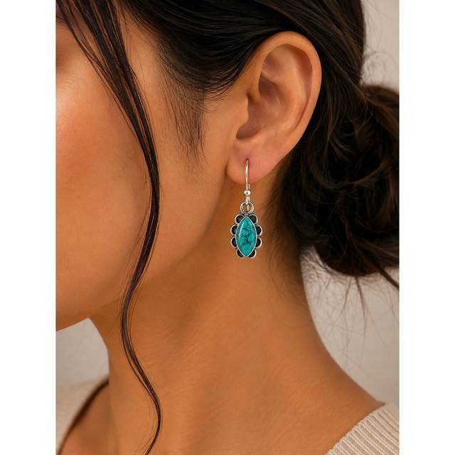 925 Sterling Silver Turquoise Firoza Stone Drop Earrings : FU-1405