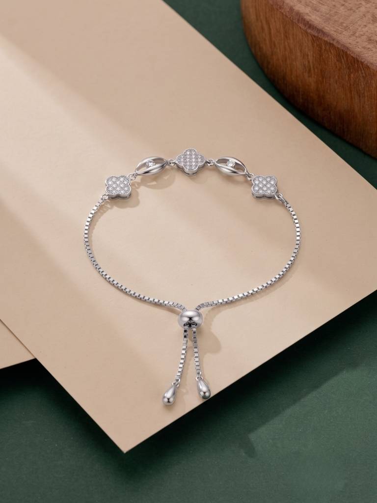 925 Silver Clover Flower Crystal Bracelet For Women : BR-56