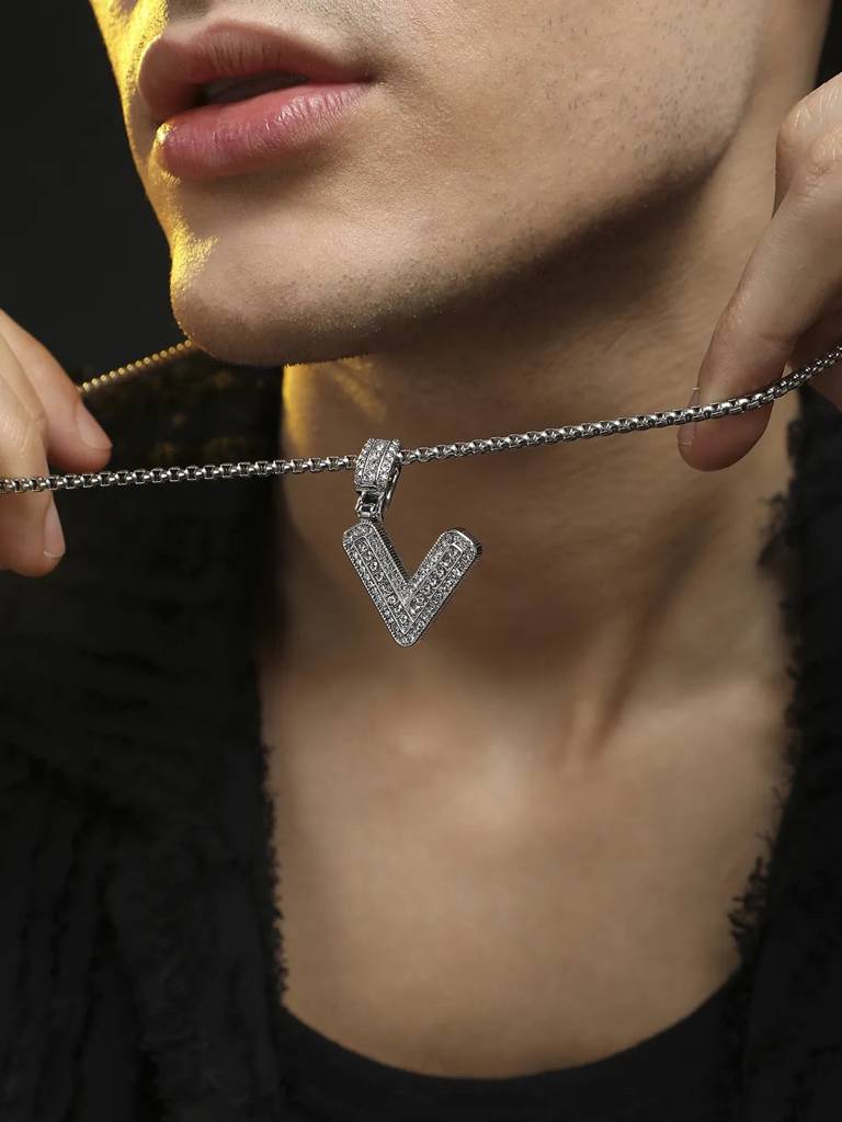 Men'S Embellished Alphabet Pendant Necklace - Silver : FANC1071-V