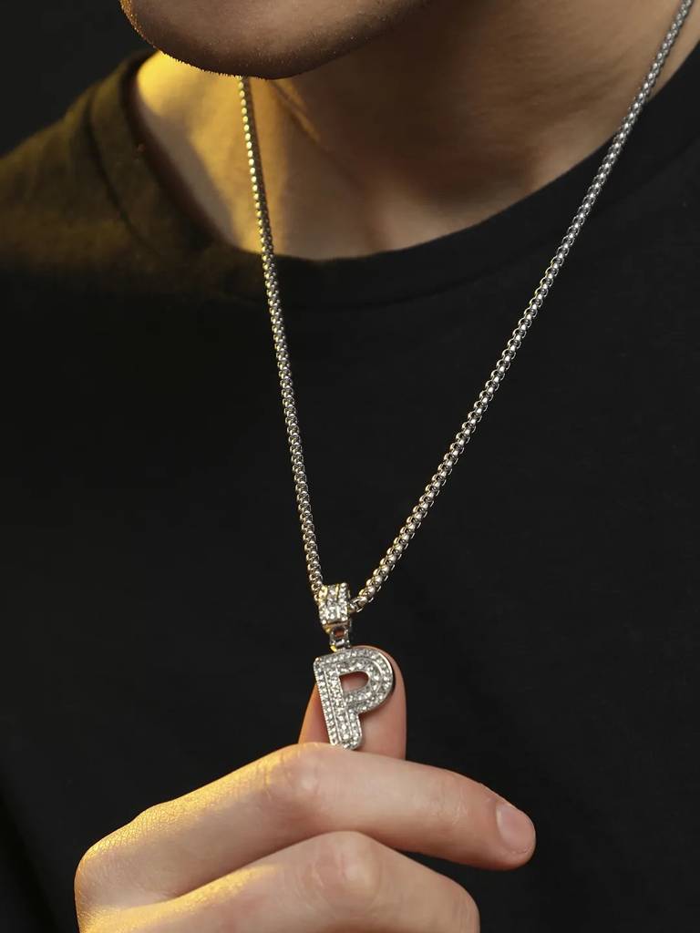 Men'S Embellished Alphabet Pendant Necklace - Silver : FANC1071-P