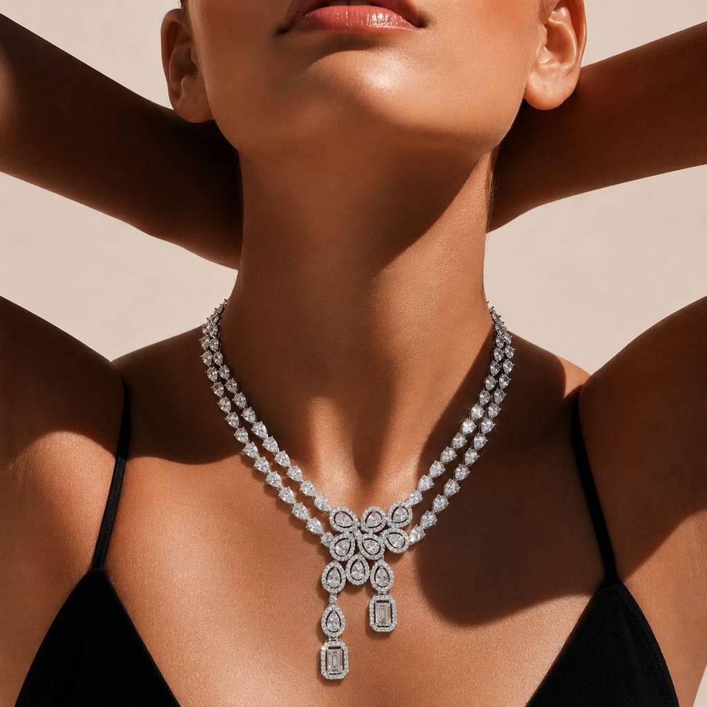 Anti Tarnish American Diamond Floral Drop Necklace Set With Earrings For Women | American Diamond Cz Wedding, Party : 500015_2