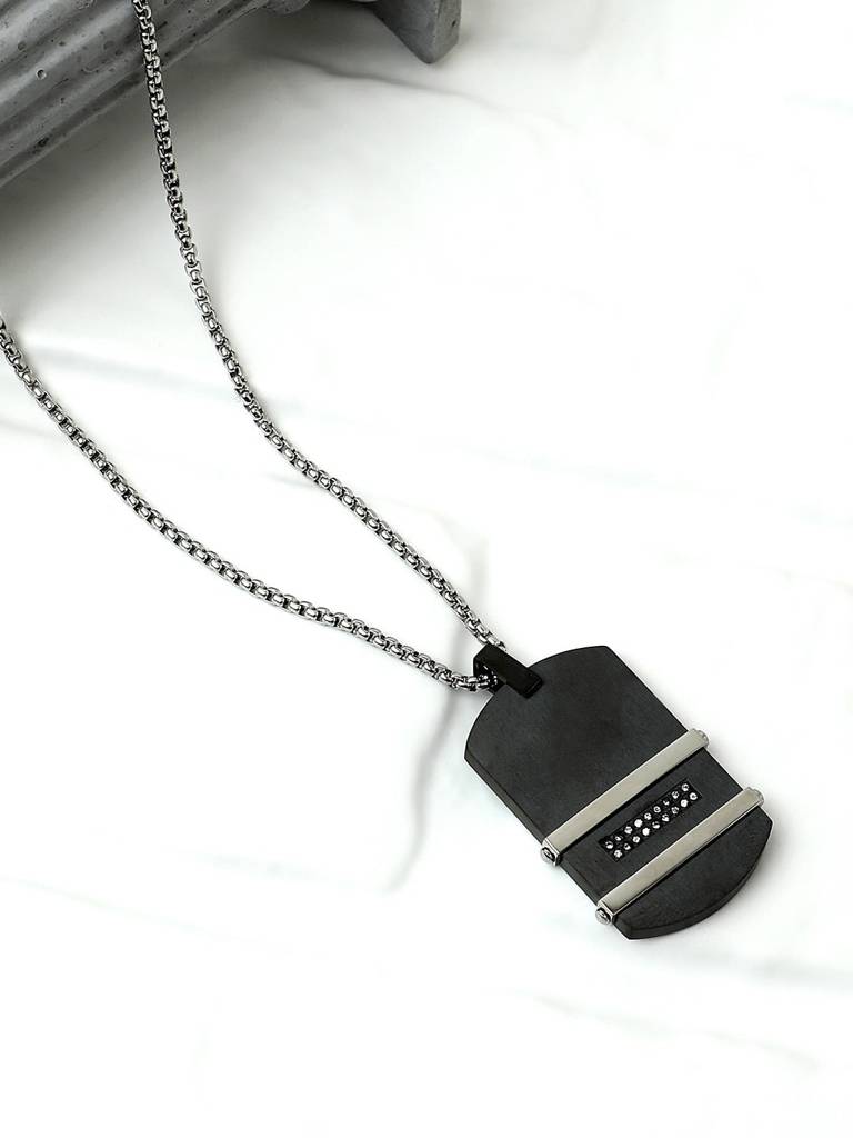 Men'S The Lined Plate Pendant Necklace - Onyx Black:Metallic Silver : FANC1094