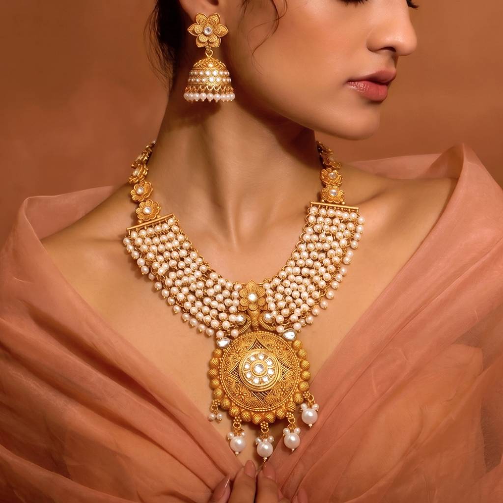 Women'S Gold Plated Ethnic Necklace Earrings Set Beads & Crystal Studded Festive & Bridal Jewellery Anniversary Bi : PF104N28G