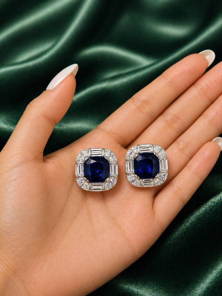 Premium Deep Blue Cushion Cut Statement Party Stud Earrings For Women : 100027