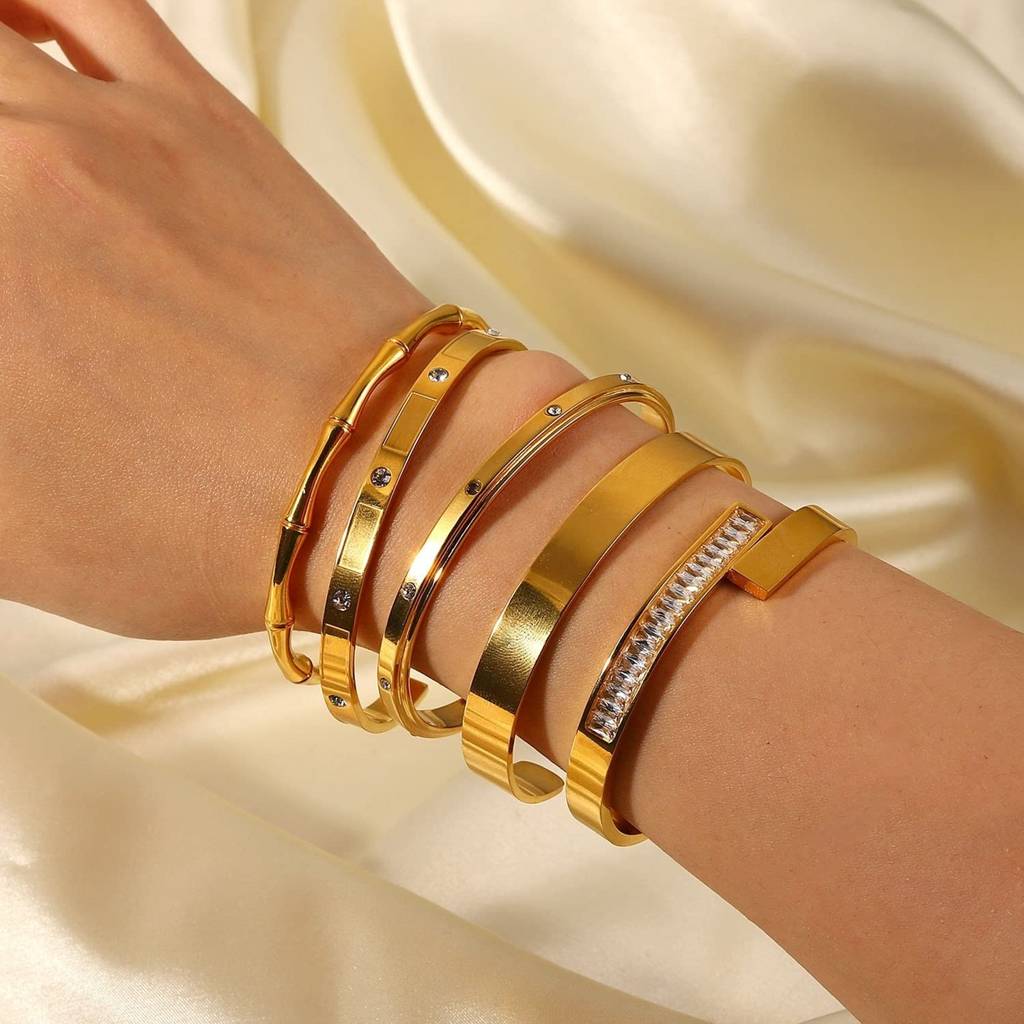 Golden Stainless Steel & 18K Gold Pvd Premium Cuff Bracelet Set For Wome | Elegant Minimal & Crystal Accent Designs  : B201196