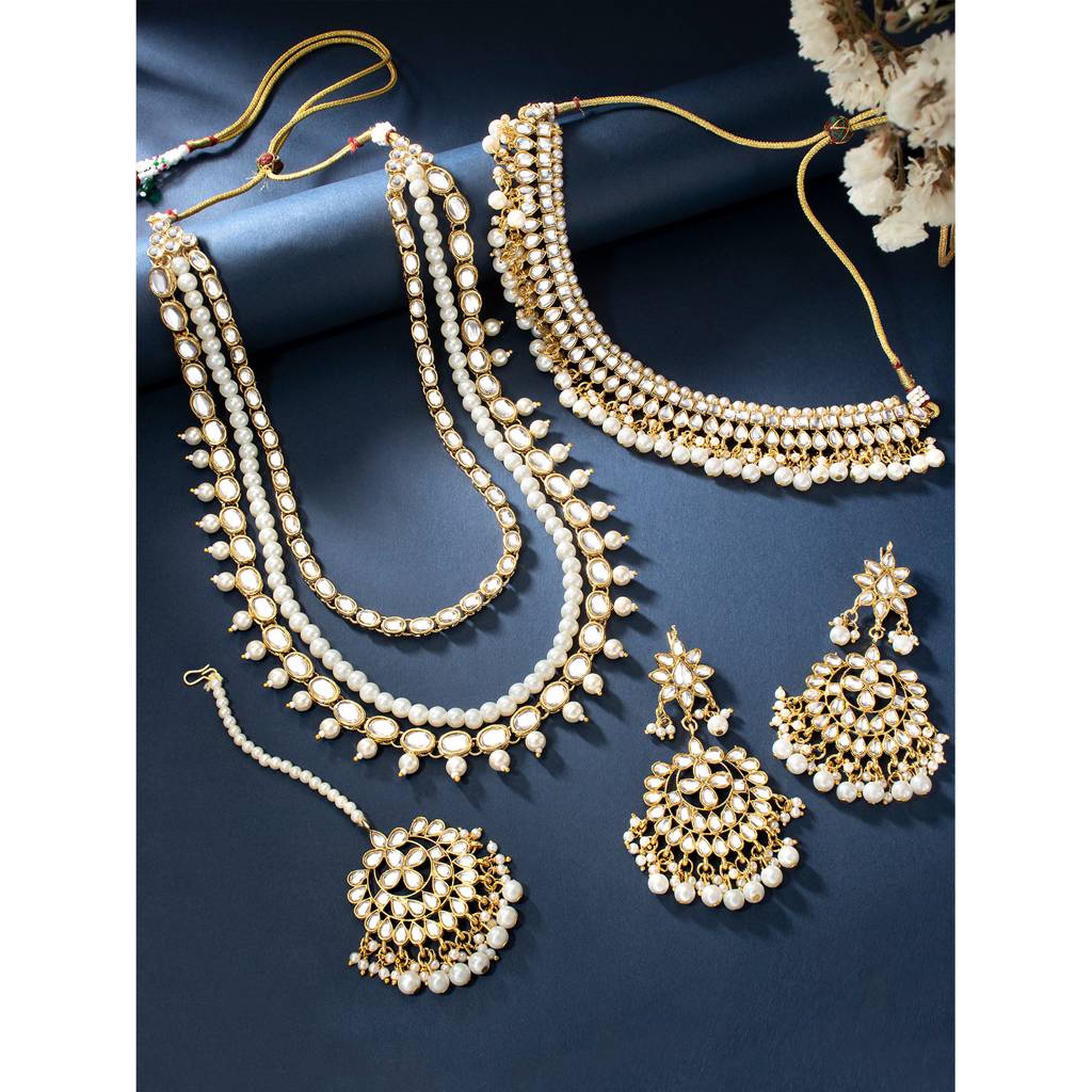 Peora Indian Traditional 18K Gold Plated Kundan Faux Bead Choker Long Necklace Earrings Maang Tikka Jewellery Bri : PF25BR001W