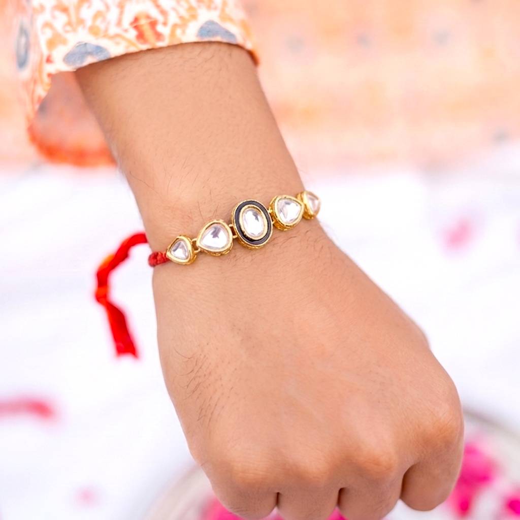 Rakhshabandhan Thread Rakhi For Brother Crystals Studded Red White Combo Set Of 2 Rakhi Hamper Roli Chawal & Greet : R25C33-S2