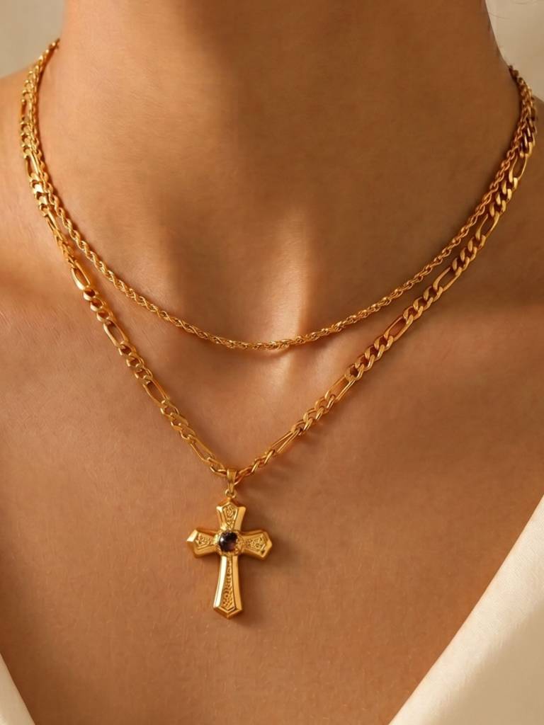 Layered Tiger Eye Cross Pendant Necklace 18K Gold Plated Anti-Tarnish Waterproof : AHC0526N477