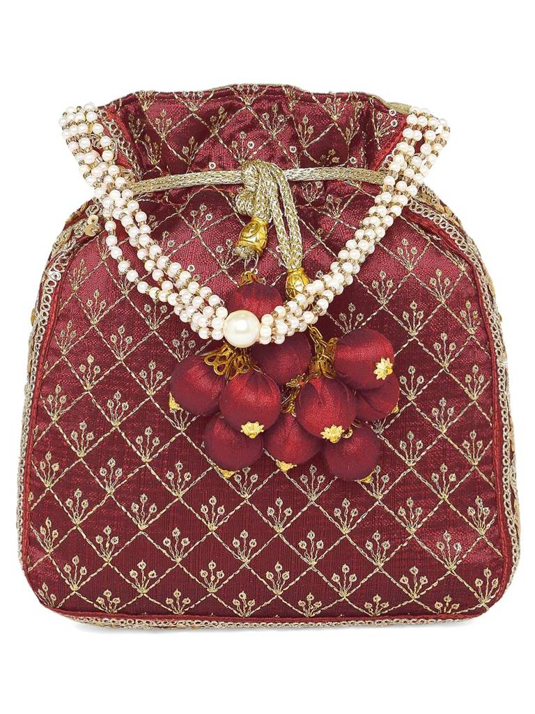 Zari Sequence Potli Bag For Women Stylish Handmade Wristlet Handbag Bridal Purse : P26M