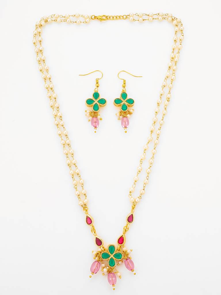 Gold Plated Double Layered Pearl Necklace With Floral Accents : NK4878