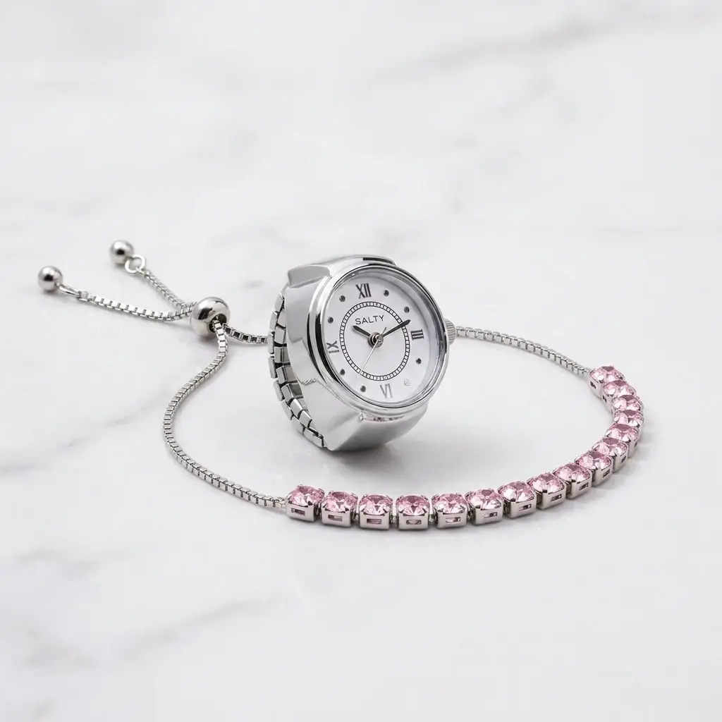 Aeri Pink Tennis Bracelet And Silver Watch Ring Set For Mother : WRTBC-258-S-PNK-2