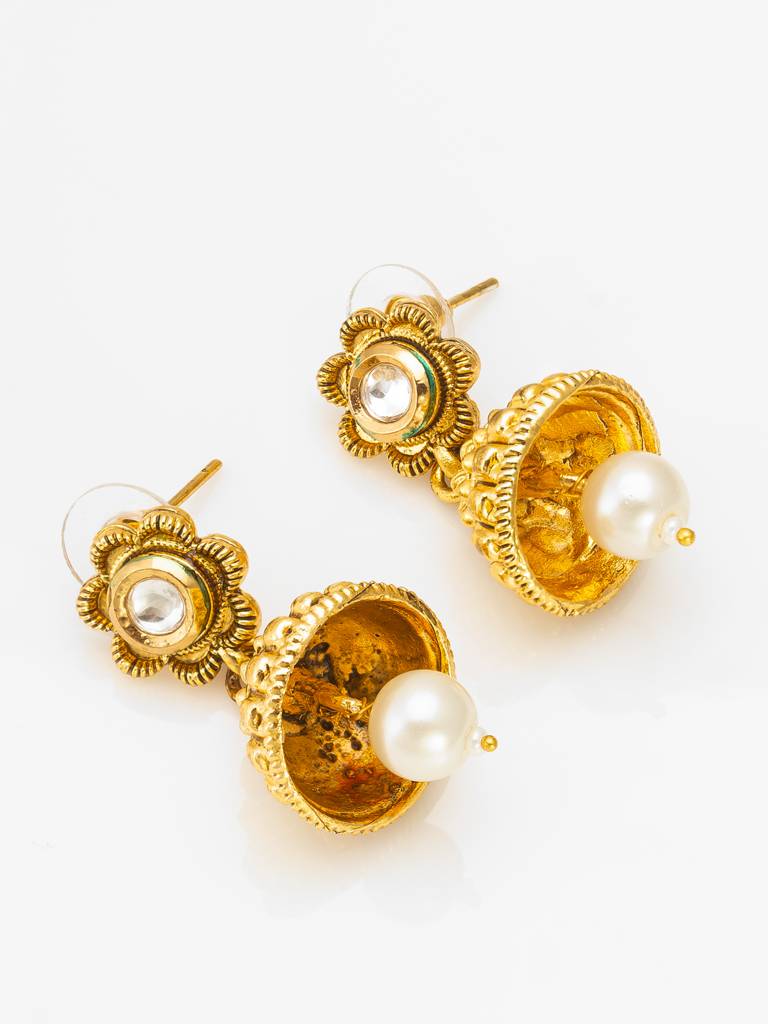 Antique Gold Kundan Pendant Long Necklace With Seed Pearls And Jhumka Earrings : NK4246