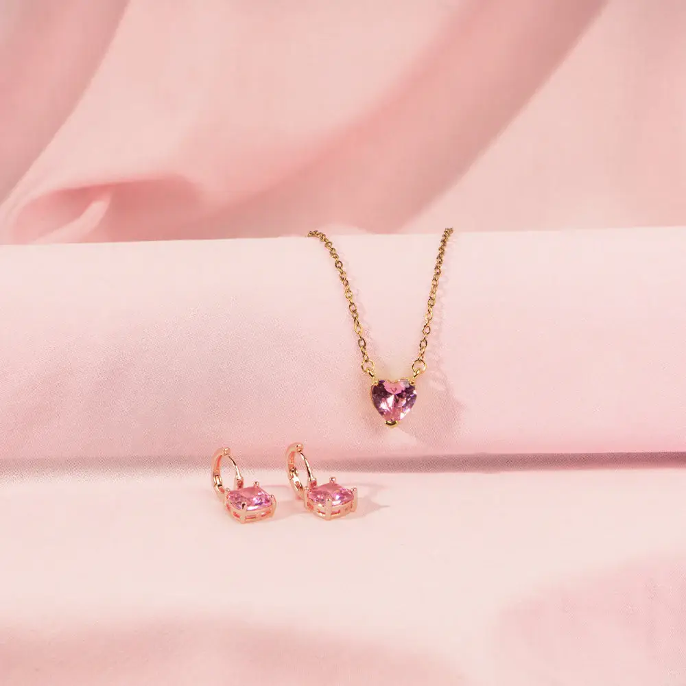 Pink Heart Dainty Necklace And Cupid'S Gem Earrings Set For Mother : NEC-251-G-PNK-3