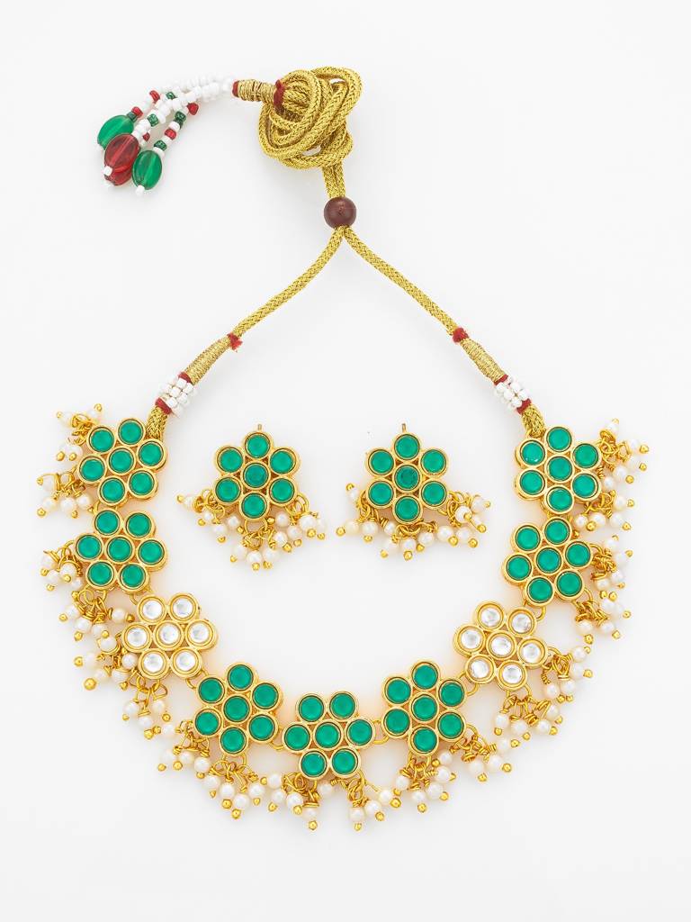 Gold Plated Green Floral Kundan Necklace Set With Pearls : NK4897