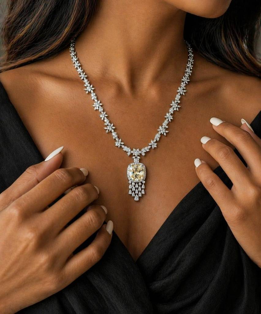 Yellow Cushion And Fancy Diamond Bridal Wedding Necklace Set With Earrings : 500074