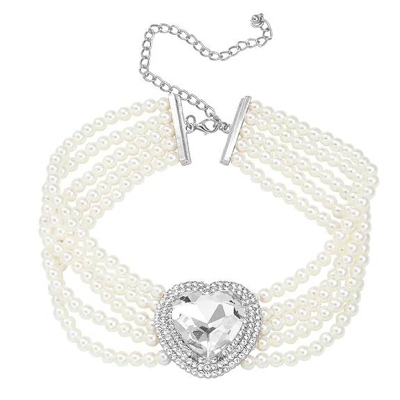 Silver Plated Pearl Cz & Crystal Studded Heart Shaped Choker Necklace Stylish Fashion Jewellery For Women & Girls : PX9N222W