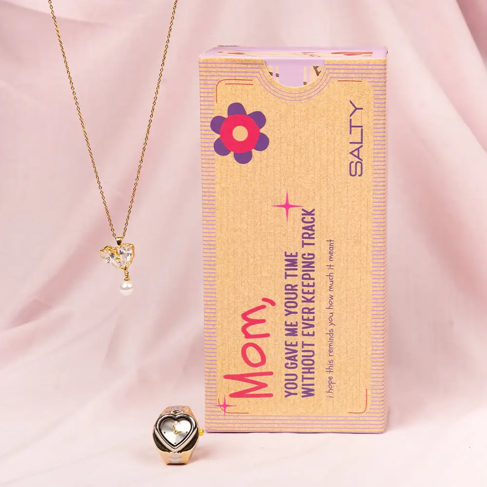 Timeless Love For Mom Crystal Heart Necklace With Heart Ring Combo Set For Mothers : NWTRC-265-G-S-1
