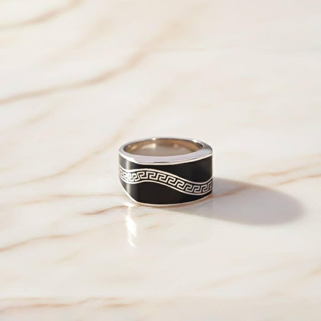 Silver Enamel Greek Key Pattern Ring : ZLR-1134-14