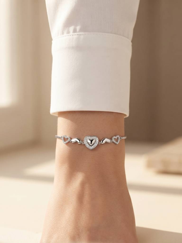 925 Silver Triple Heart Adjustable Bracelet For Women : BR-54