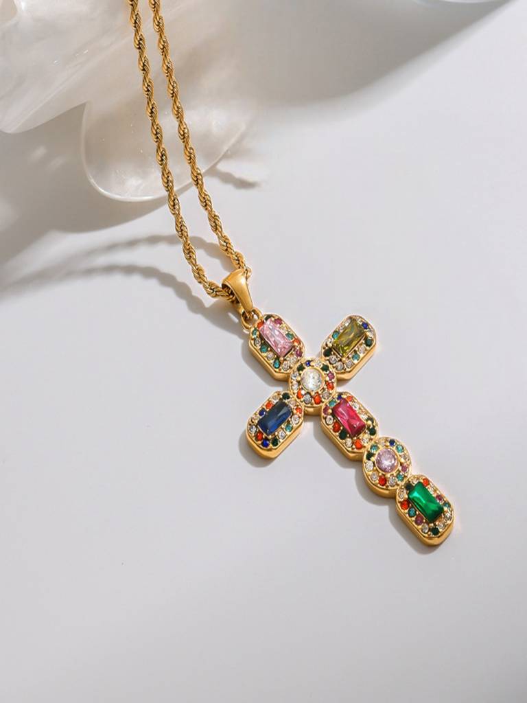 Mens Zircon Cross Pendant Necklace Waterproof Anti-Tarnish 18K Gold Plated : AWX0925P2040MC_M_RE