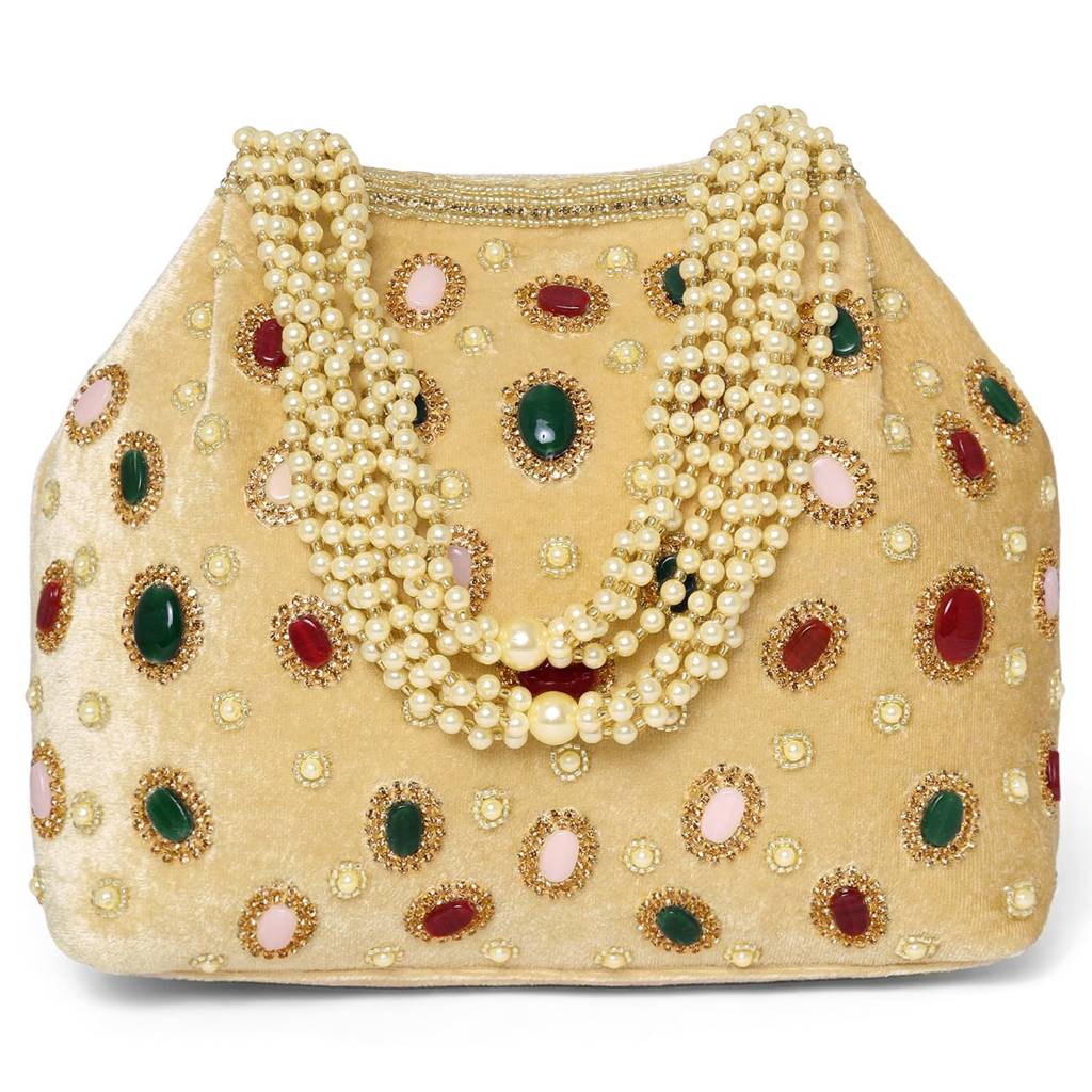 Gold Suede Fabric Pearl Potli Bag For Women Handmade Ethnic Handbag Stylish Bridal Fashion Wristlet Bag For Girls : P200G-F