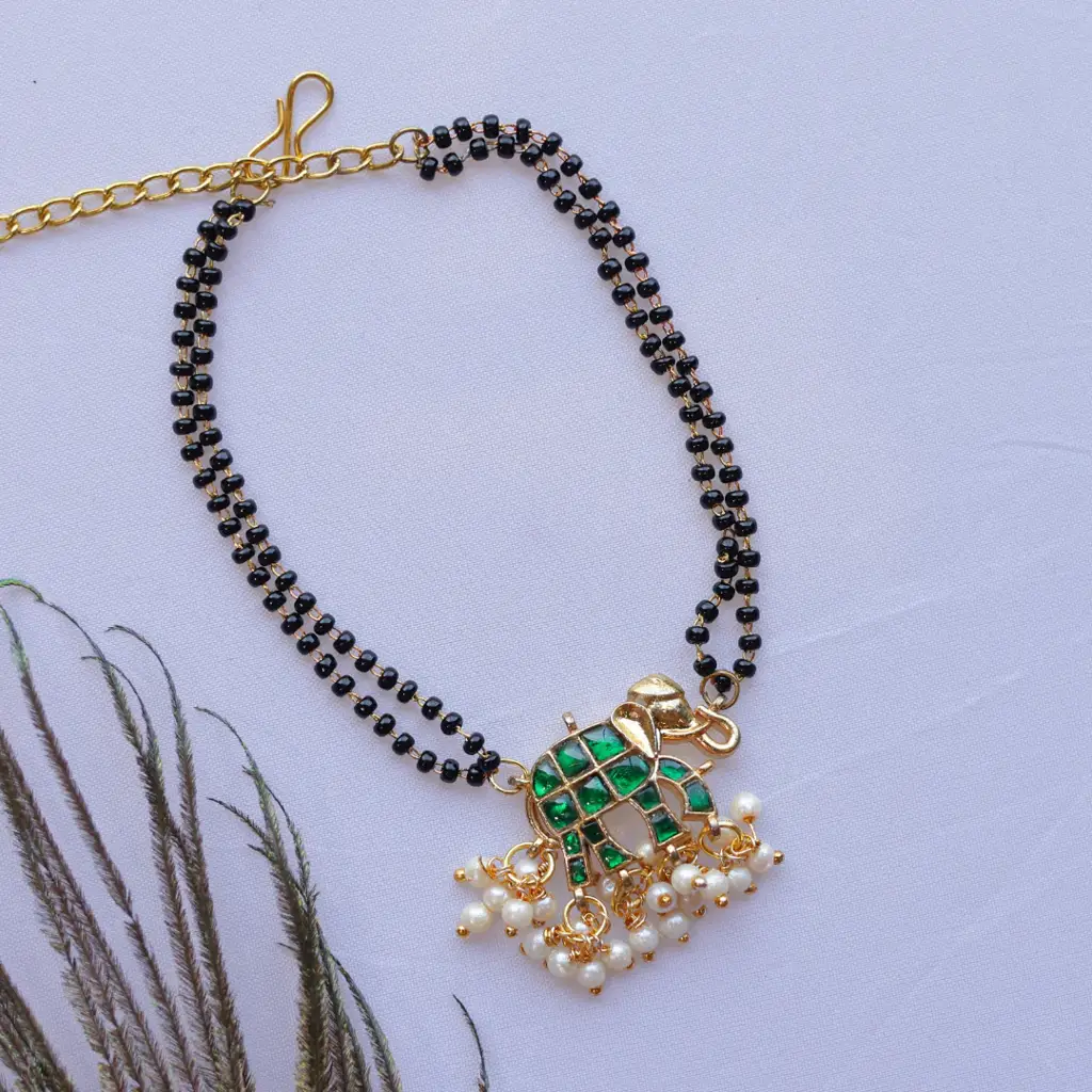 Handcrafted Double Layer Black Bead Hand Mangalsutra With Kundan & Meenakari Elephant Charm- Green : MS-ELE-03