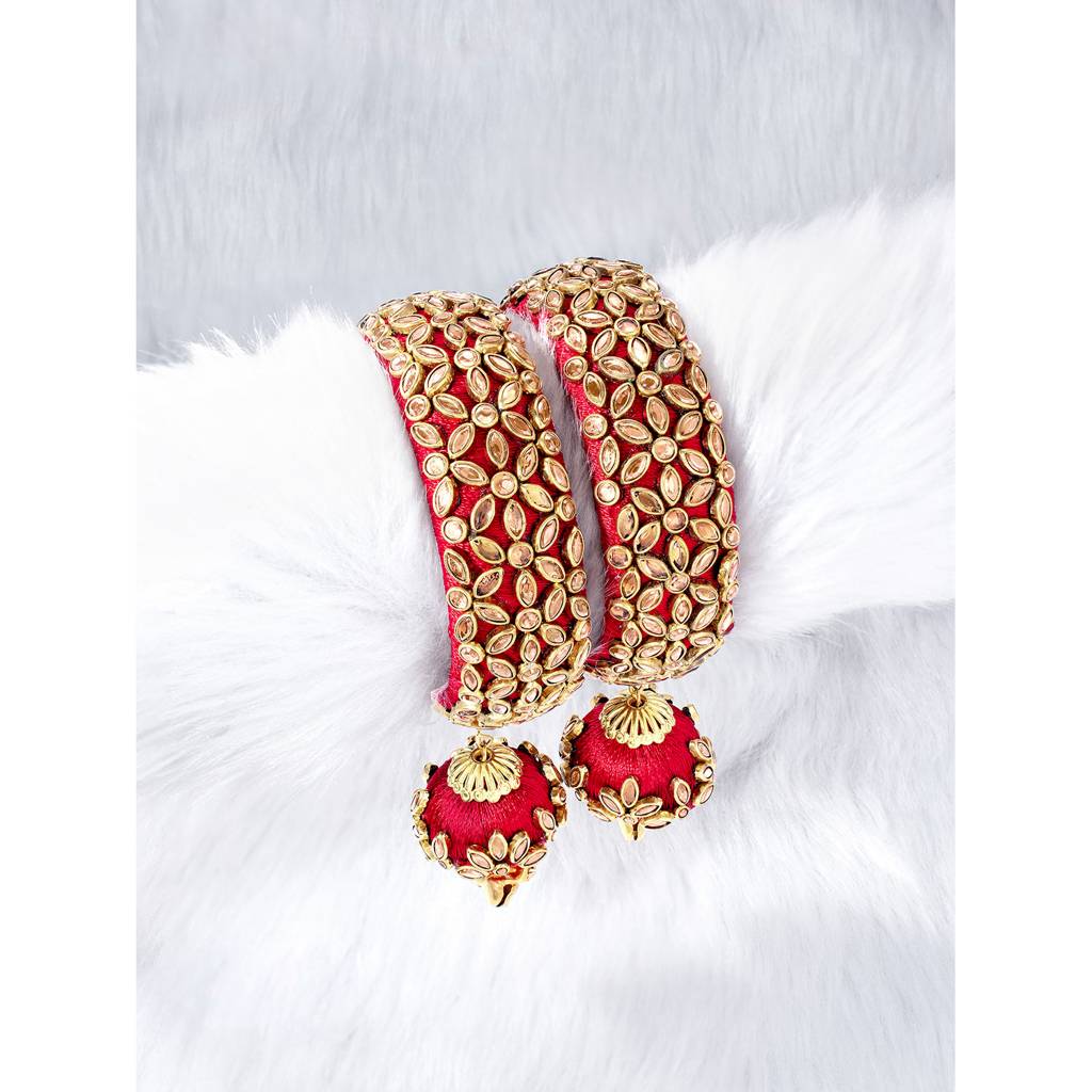 Peora Silk Thread Crystal Design With Dangling Jhumki Chuda Chura Bangle Set For Women : PF51B72R