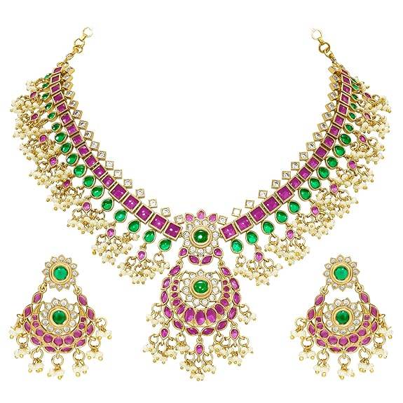 Rani Pink Green Ethnic Necklace Earrings For Women & Girls Gold Plated Faux Ruby Emerald & Lariya Traditional Temp : PF76N01RG