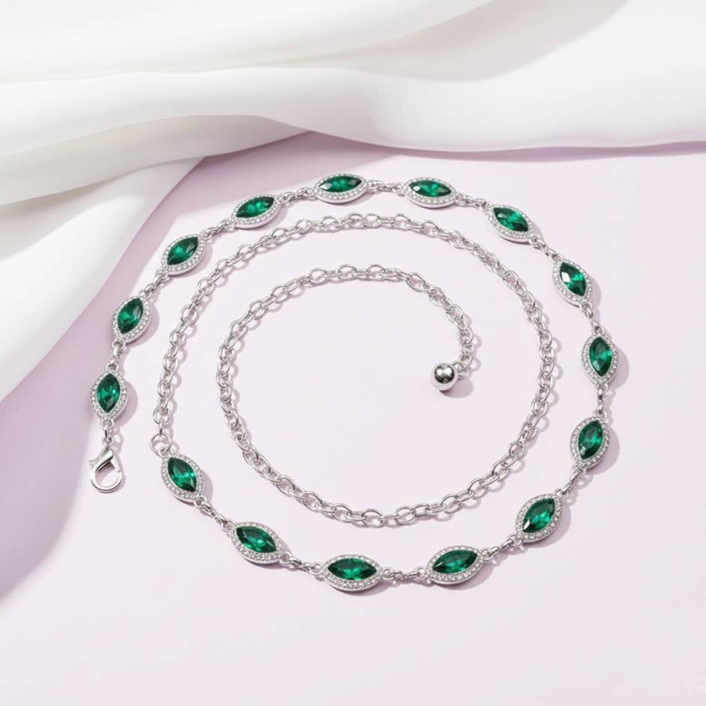 Cubic Zirconia & Crystals Studded Silver Plated Fancy Kamarbandh Belly Chain Waist Chain Jewellery For Women & G : PX9BCH76GRN