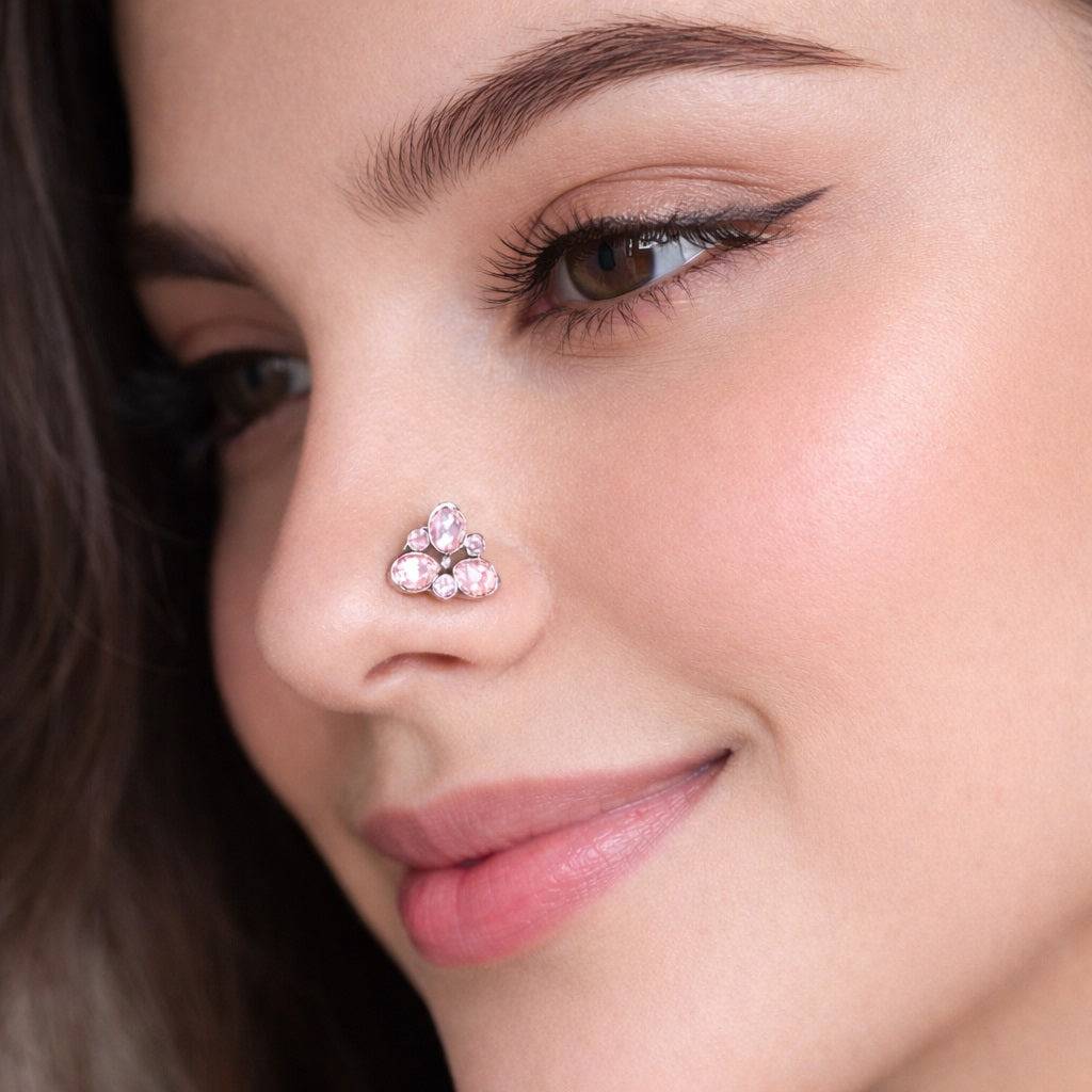 Pink Trio Gemstone Nose Pin 925 Sterling Silver : NP-00006