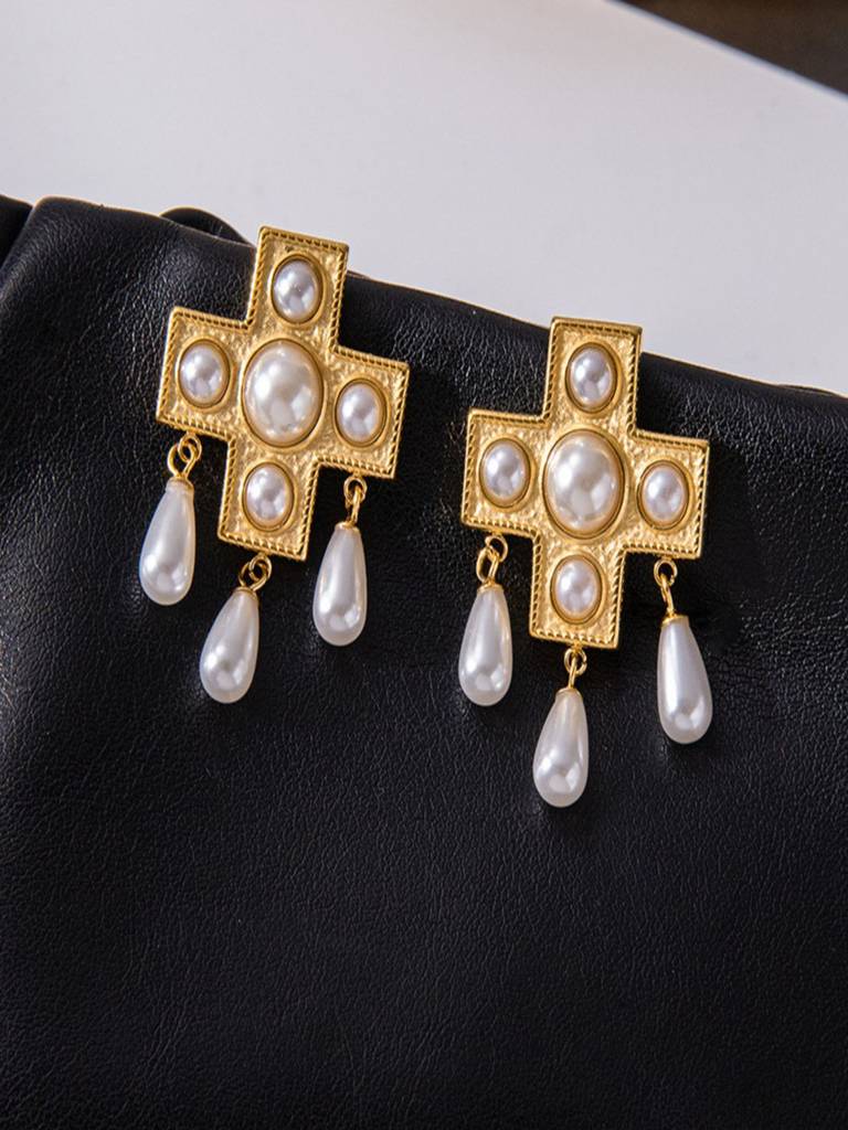 Cross Pearl Dangle Earrings Anti-Tarnish Waterproof 18K Gold Plated For Women : AWX0925E0422