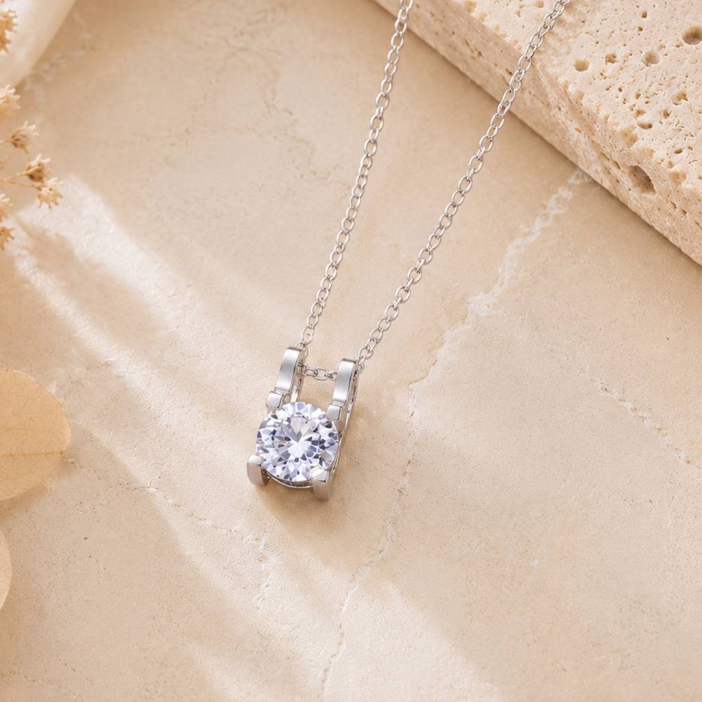 Rhodium Plated Round Pendant Necklace | White Crystal Solitaire Design |Office Wear : CYL-017-IRWE-PENDANT