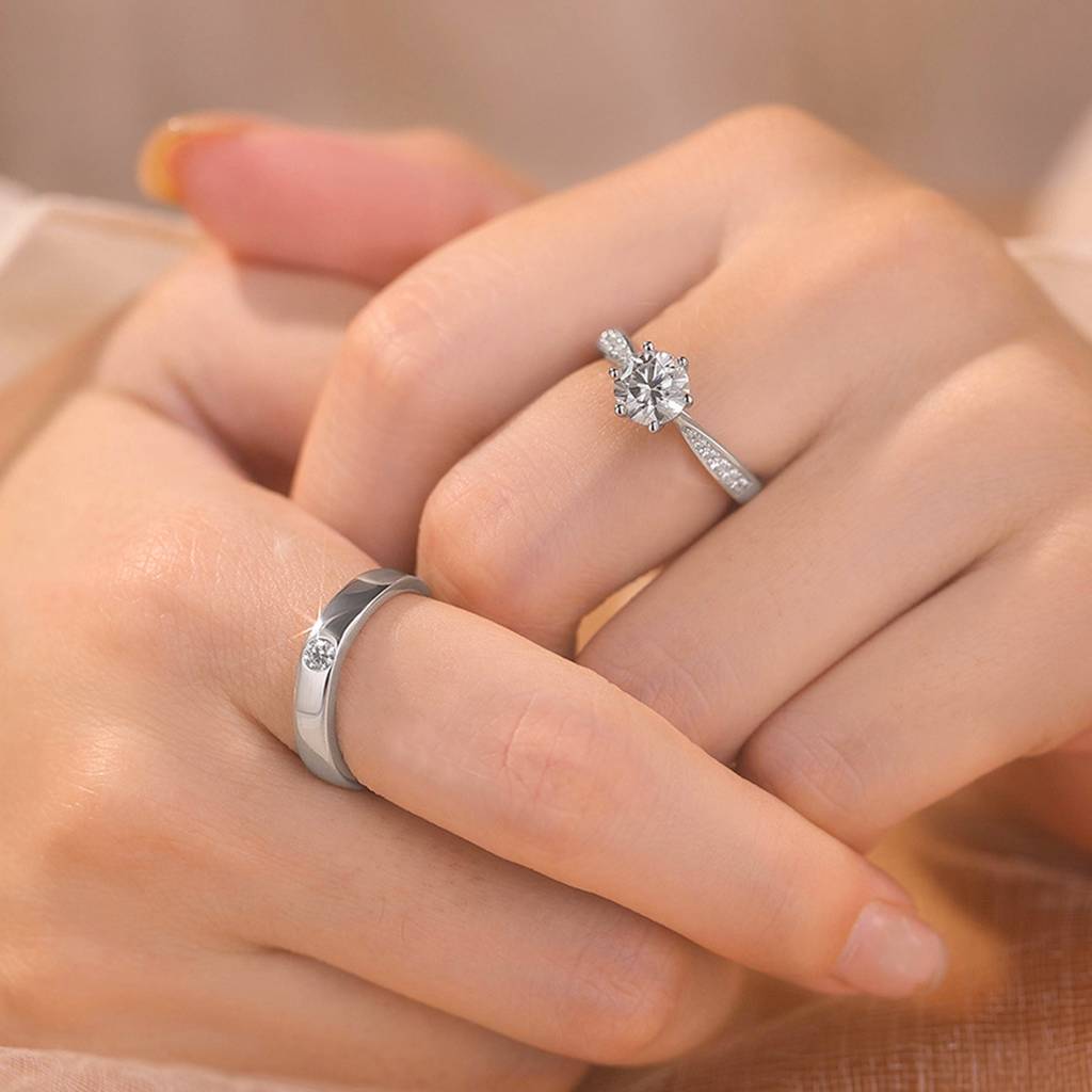 Solitaire & Band Couple Finger Ring Jewellery For Men & Women | Silver Plated | Cubic Zirconia & Crystal Studded |  : PFCCR95S