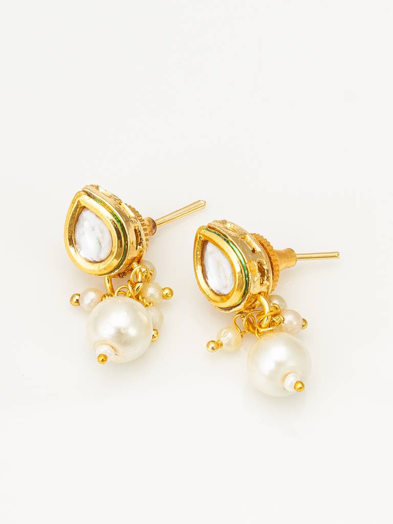 Teardrop Kundan Single-Strand Necklace Set With Pearl Drop Earrings : NK4404
