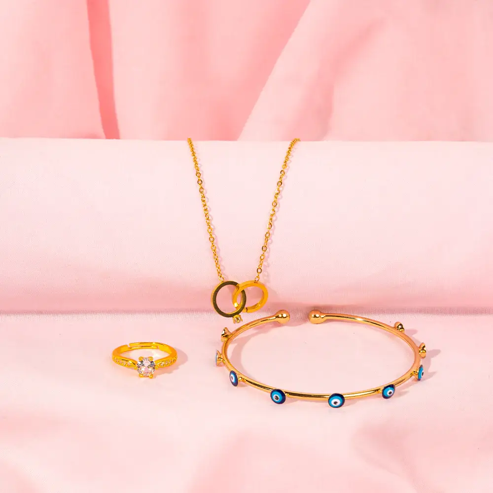 Mother'S Day Special Love Knot Necklace, Sparkle Diamond Ring & Evil Eye Bracelet For Mothers : NRBC-263-G-1