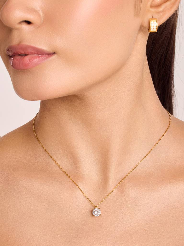 18K Gold Plated Golden Solitaire Necklace Stainless Steel Waterproof & Anti-Tarnish : N5ASSS0G