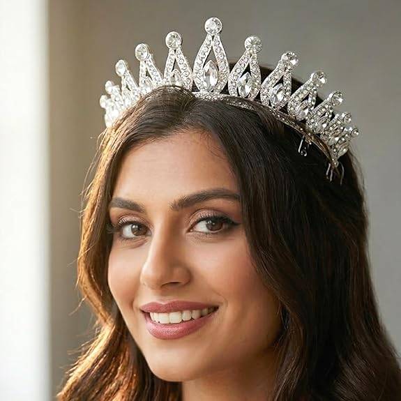 Silver Plated Crystal Studded Princess Crown Tiara For Women Sparkling Cubic Zirconia Bridal Hair Jewellery Festiv : PX9CW27RW