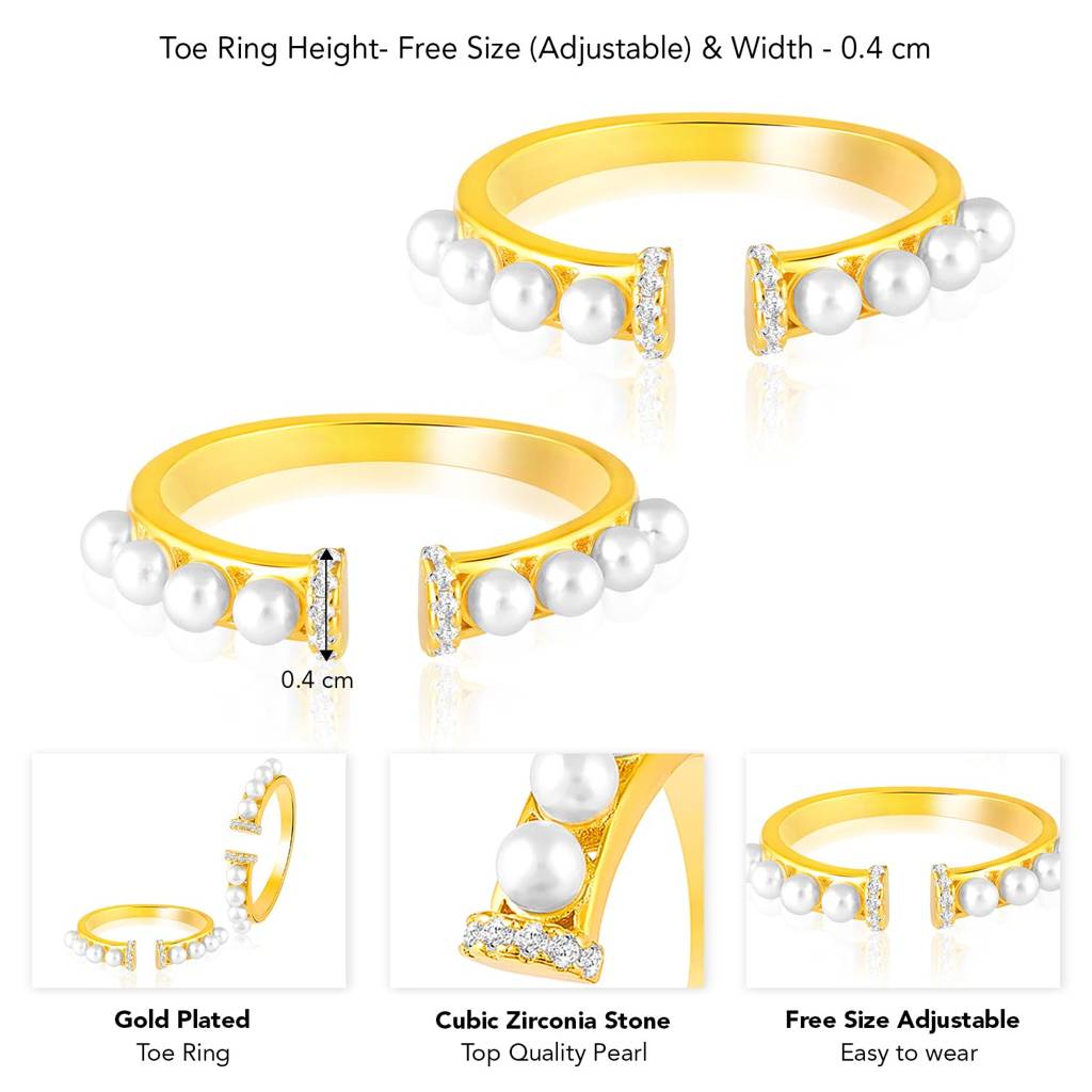 Cubic Zirconia & Baby Pearl Studded 925 Sterling Silver Adjustable Toe Ring Gold Plated Fancy Comfortable Bichiya  : PF18TR15G