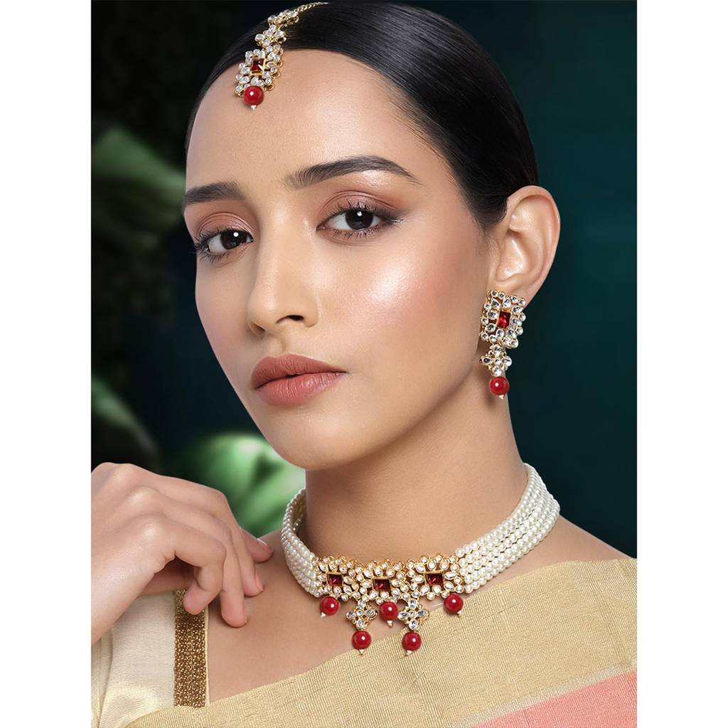Gold Plated Pearl Beaded Adjustable Choker Necklace With Earring Maang Tikka Jewellery Set For Women : PF37N224WM