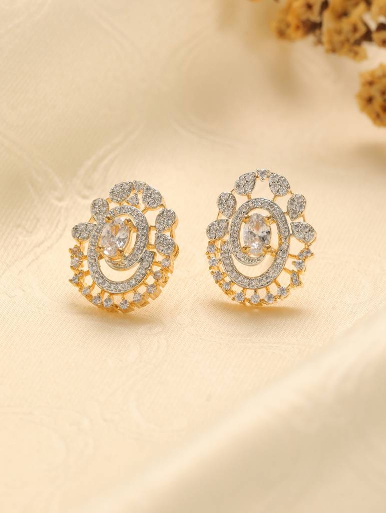 Gold Plated White Ad Zircon Oval Minimal Stud Earrings : SJER3030