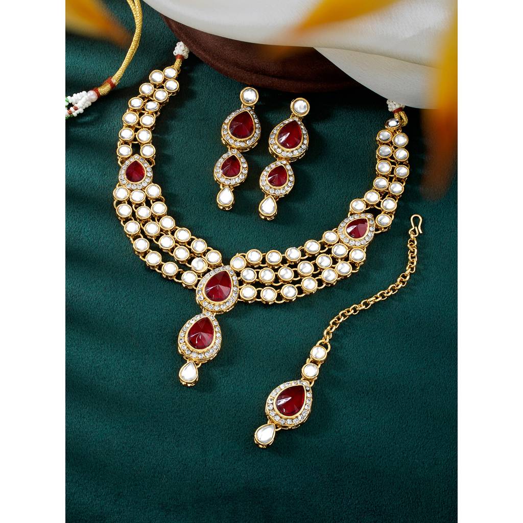 Peora Gold Plated Traditional Kundan Studded Long Necklace Jewellery Set With Earring Maang Tikka For Women Girls : Pf25N009M