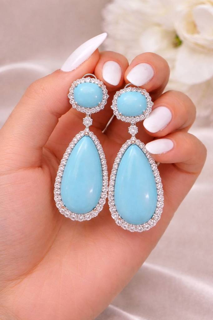 Turquise Blue American Diamond Studded Premium Party Long Earrings : 100009