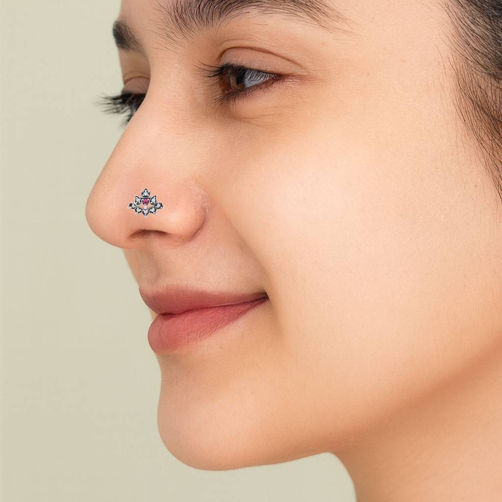 Ruby Pink & White Cz Stones Lotus Nose Pin - 925 Oxidized Sterling Silver : NP-00037_925S_OX_RBGF