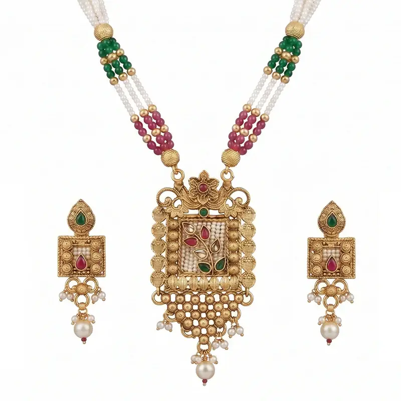 Gold Plated White Enamel Necklace Set With Earrings For Women | Ethnic Jewellery : OSLFJ-005-IGWE-NKER