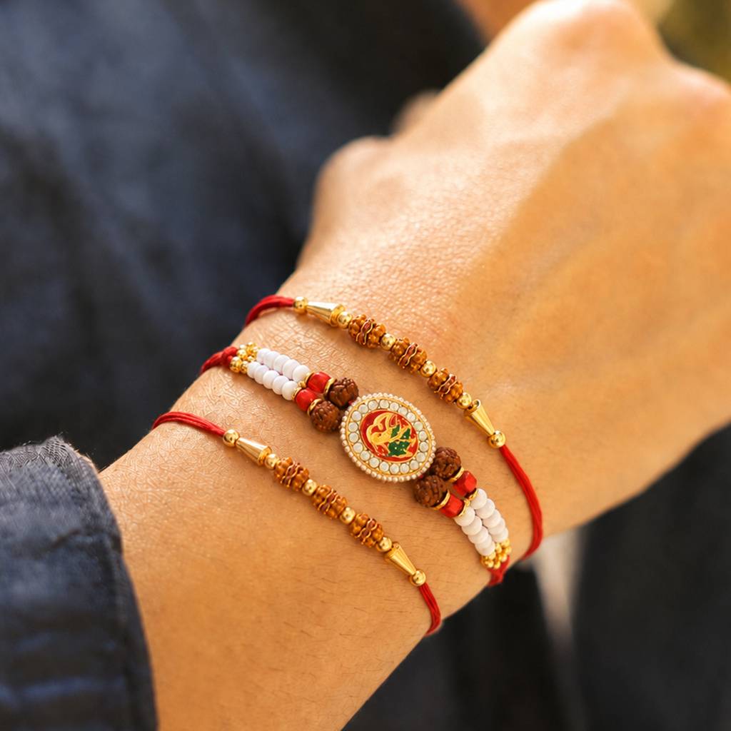 Rakhshabandhan Thread Rakhi For Brother Bhaiya Rudraksha Crystal & Beads Studded Red White Pack Of 3 Rakhi Hamper  : R07C09-S3