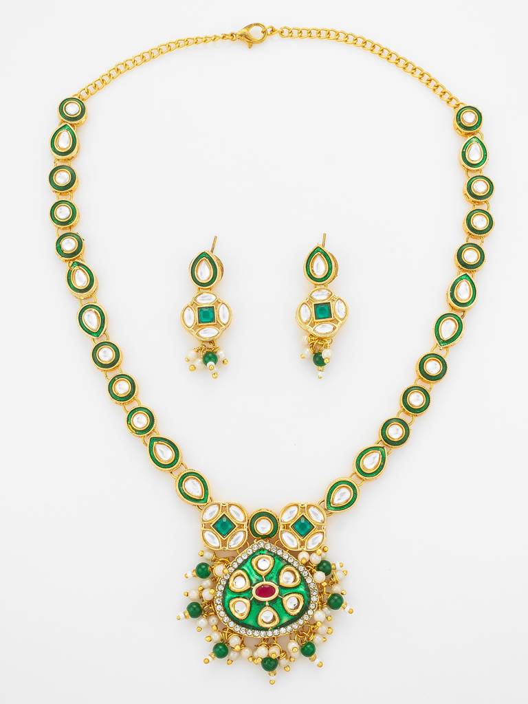 Green Enamel Meenakari And Kundan Gold Plated Necklace Set : NK4893