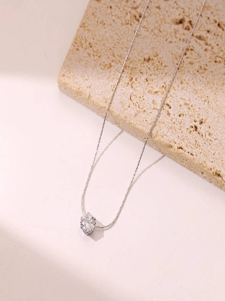 Minimal Single Zircon Thin Chain Necklace 18K Plated Anti-Tarnish : AHM0126N713S