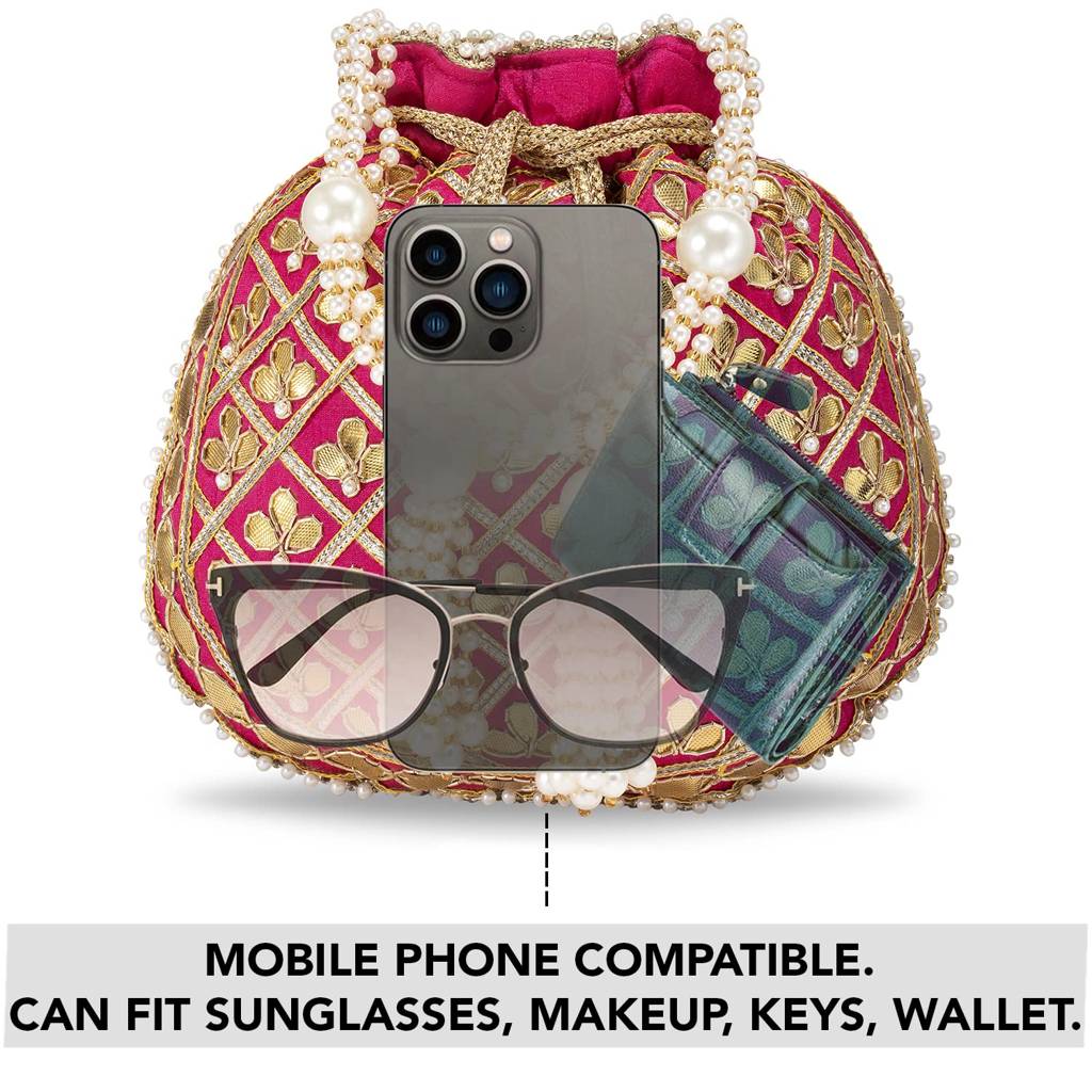 Embroidered Potli Bag For Women Handmade Ethnic Purse Evening Handbags Stylish Bridal Fashion Clutch Bag Gift For Girl : P09RP