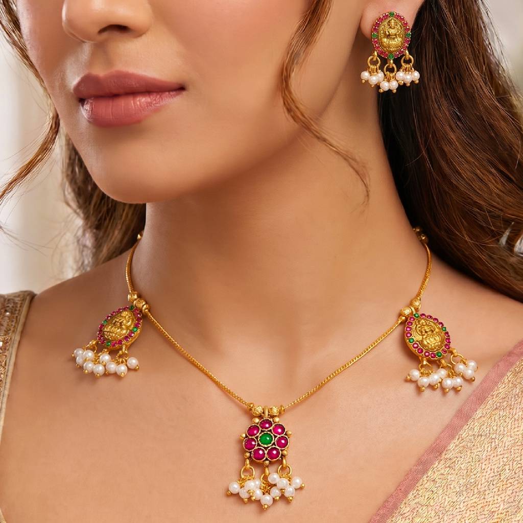 Women'S Gold Plated Ethnic Necklace Earrings Set Faux Ruby Emerald Lariya Studded Festive & Bridal Jewellery Anni : PF47N75RPG